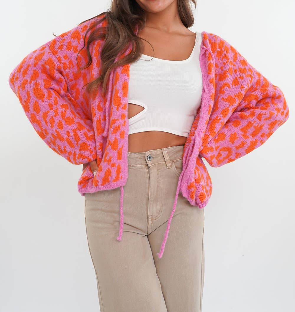 Pink and Orange Leopard Print Lace-Up Cardigan